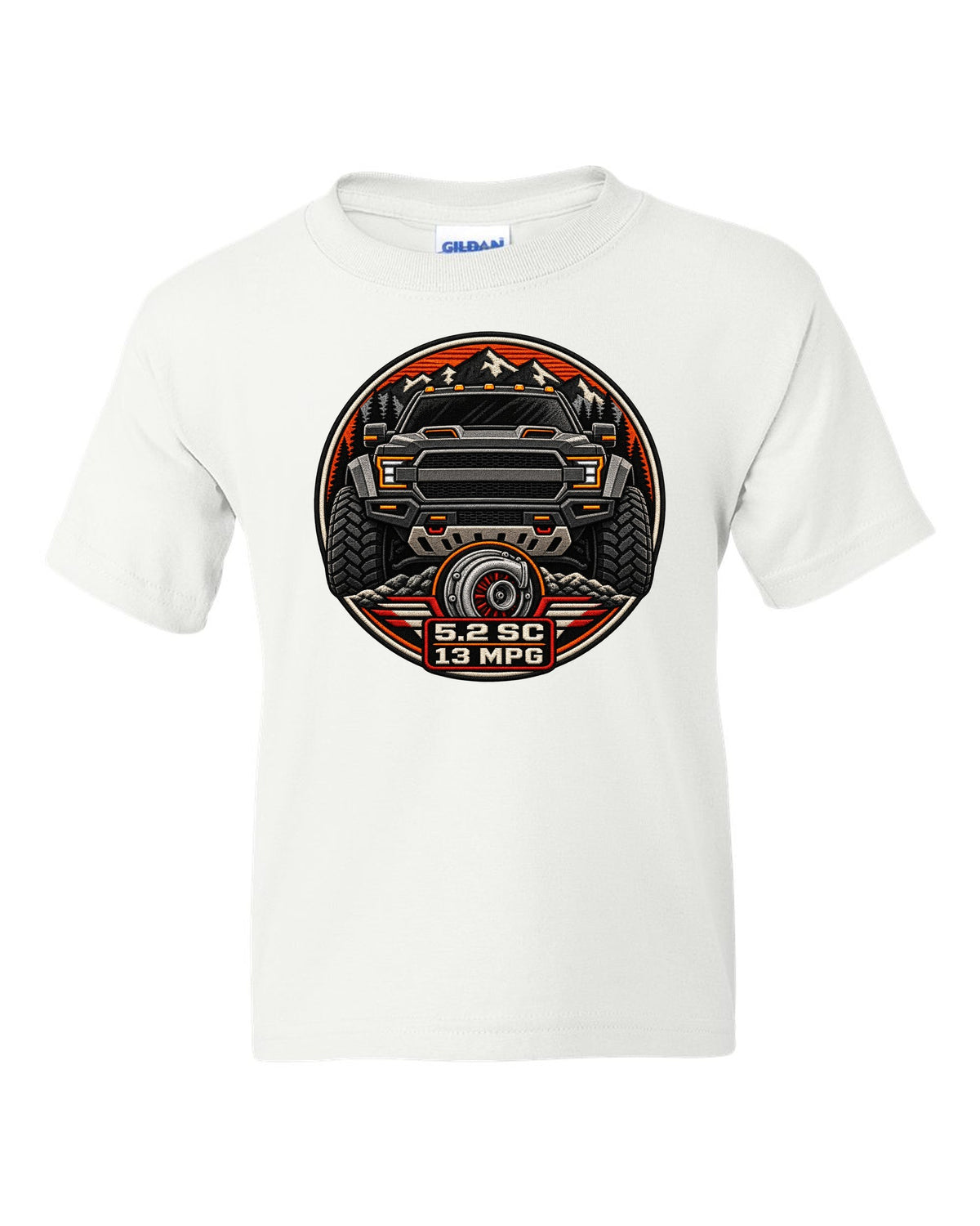 Varsity badge crest print of the Ford F-150 Raptor R P702 with 5.2 SC and 13 MPG text white kids tee front view with the design