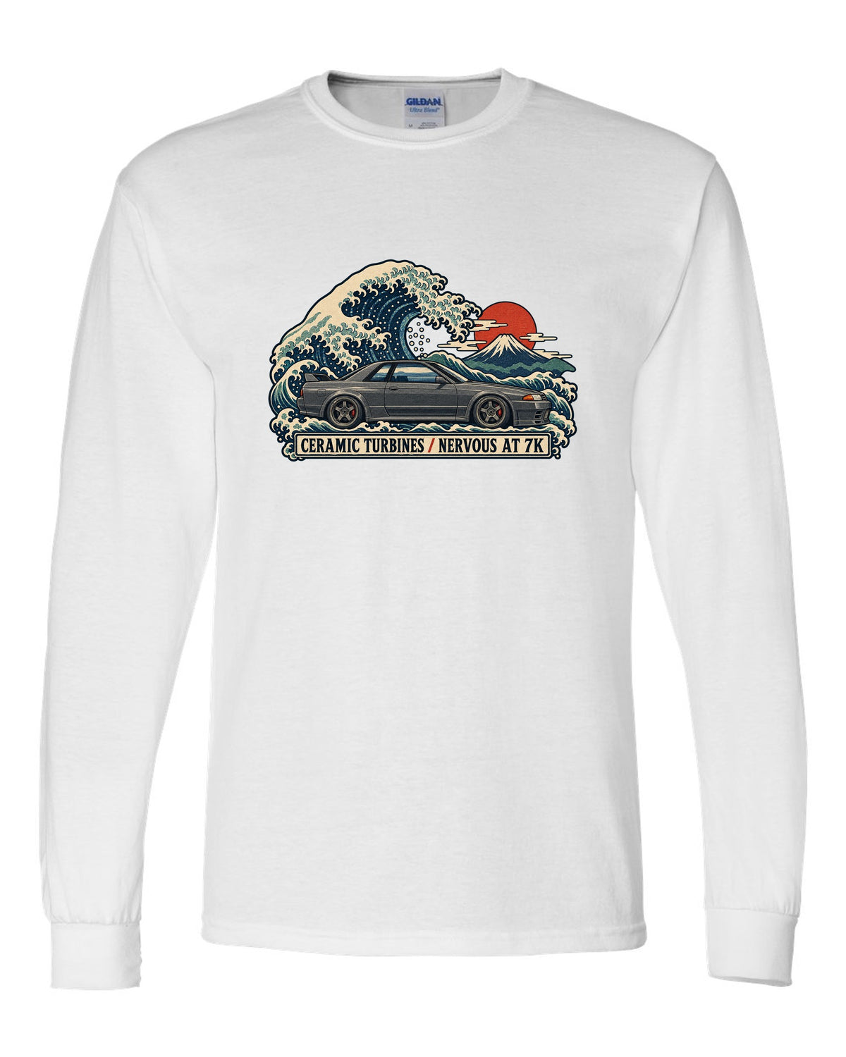 Ukiyo-e woodblock print of a gun grey Nissan Skyline GT-R R32 BNR32 on a wave white long sleeve front view with the design