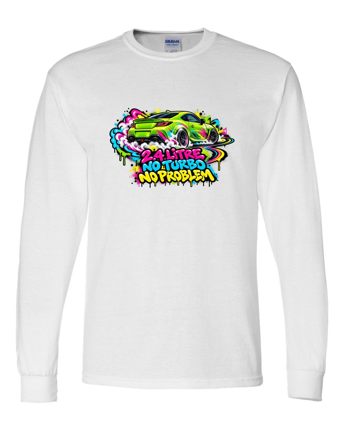 Subaru BRZ ZD8 sideways in front of a graffiti wall, 2.4 LITRE / NO TURBO / NO PROBLEM white long sleeve front view with the design