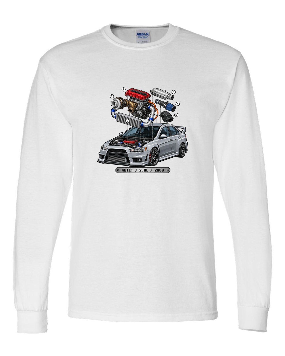 Exploded engine cutaway print for the Mitsubishi Evo X CZ4A with 4B11T 2.0L 2008 text white long sleeve front view with the design