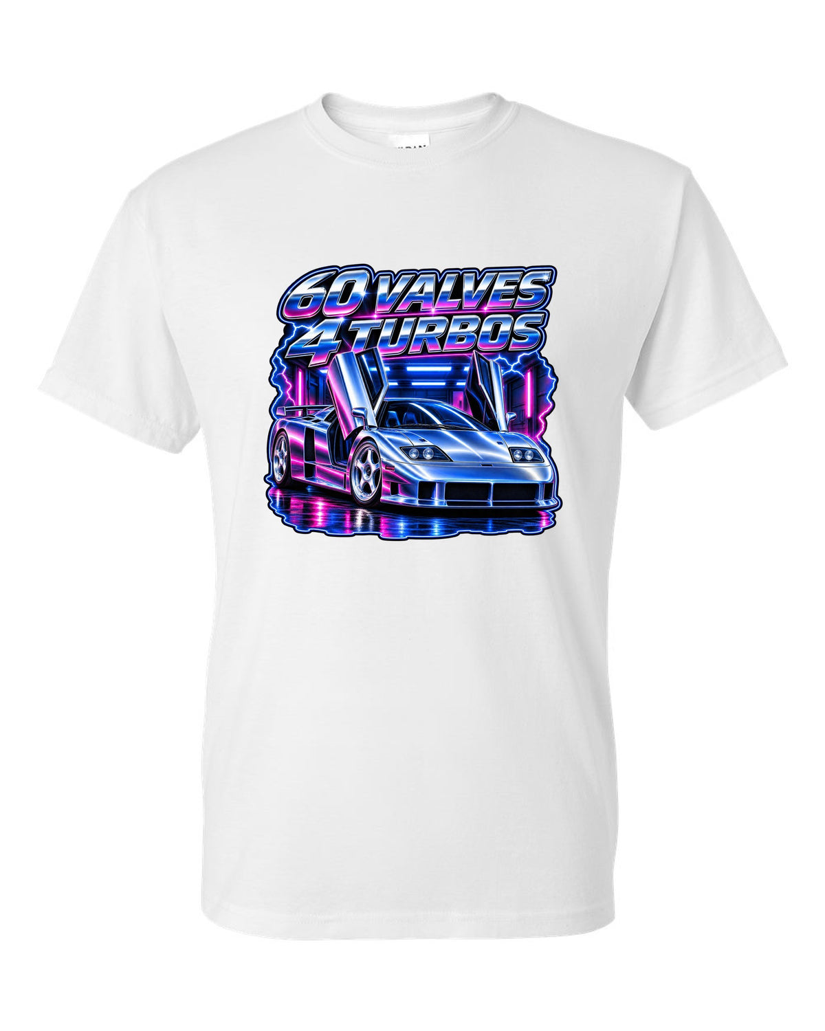 90s airbrush chrome print of a Bugatti EB110 SS with 60 valves and 4 turbos lettering white t-shirt front view with the design