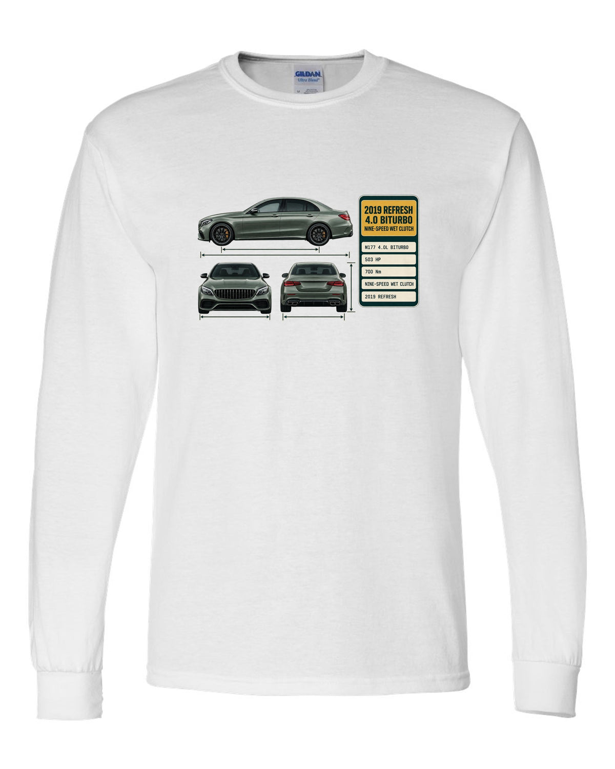 Spec poster print of a Mercedes-AMG C63 S W205 facelift sedan white long sleeve front view with the design