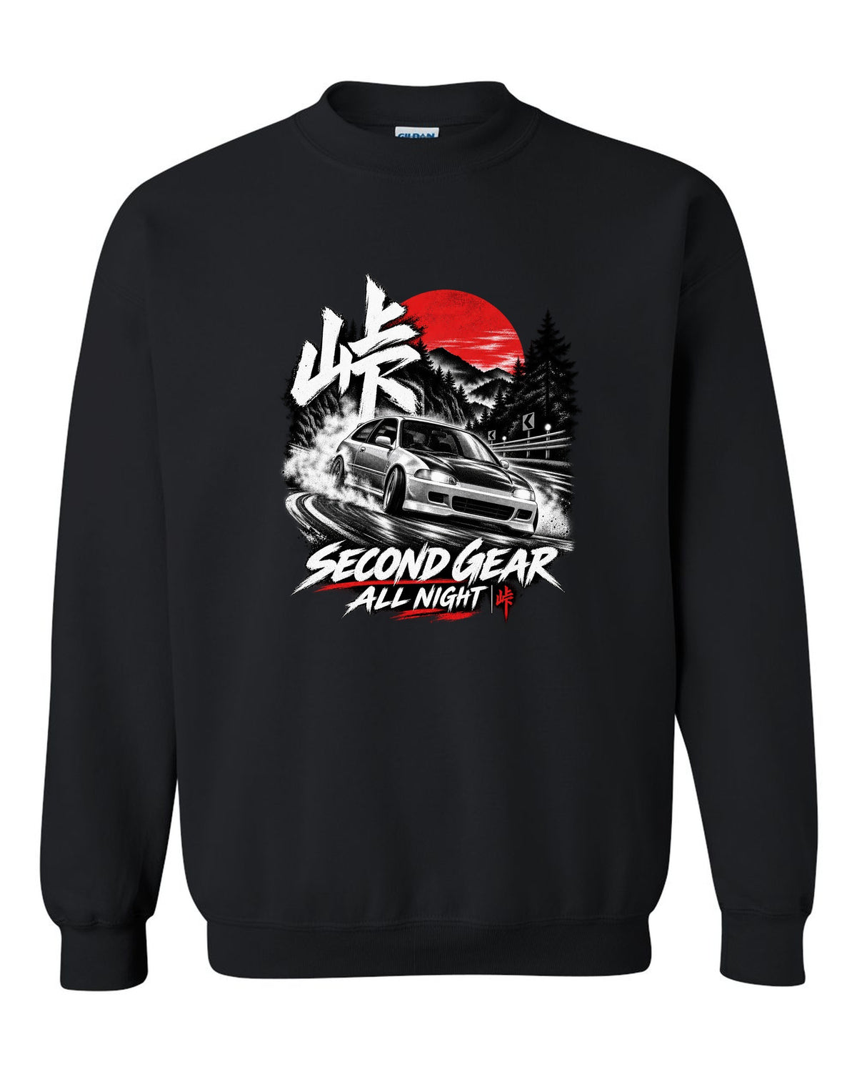 Touge night print of a 1992 Honda Civic EG6 SiR chback with second gear text black crewneck front view with the design