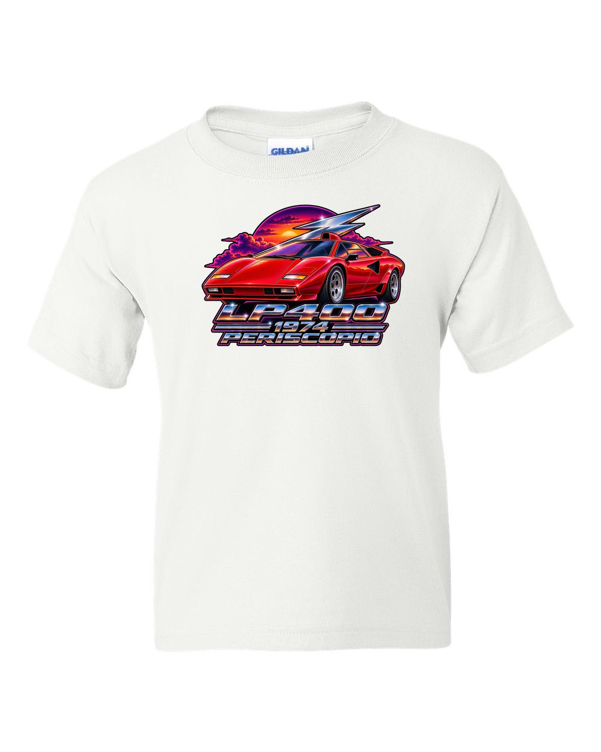 80s airbrush chrome style Lamborghini Countach LP400 with LP400 1974 Periscopio text white kids tee front view with the design