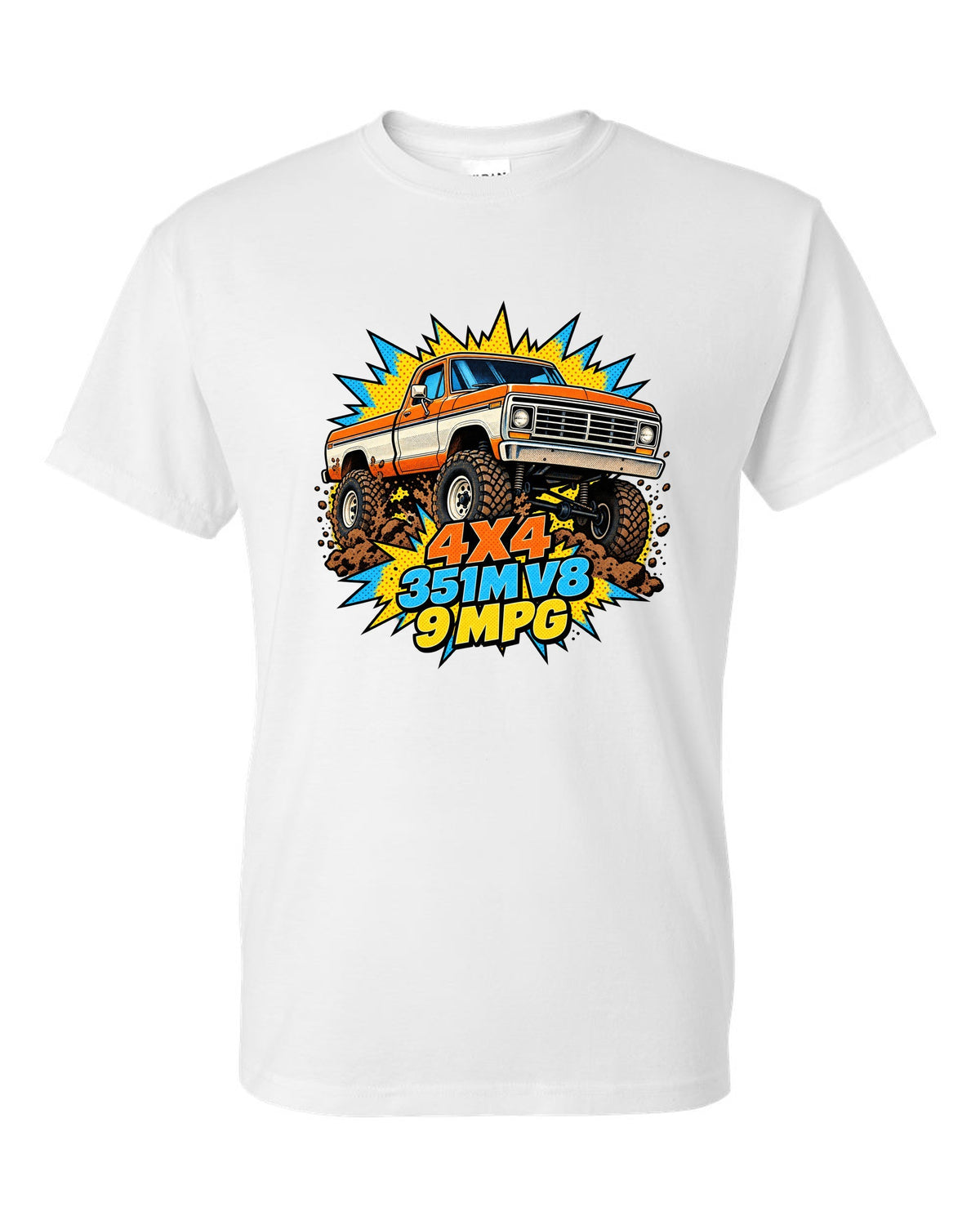 Dent-Side Ford F-150 Comic Halftone Pop-Art Workshop Tee white t-shirt front view with the design