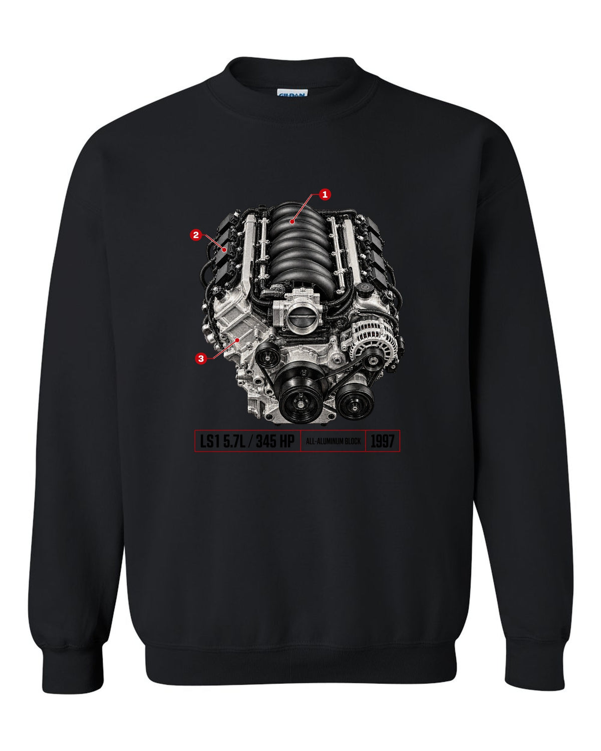 Corvette C5 coupe with LS1 5.7L engine poster print black crewneck front view with the design
