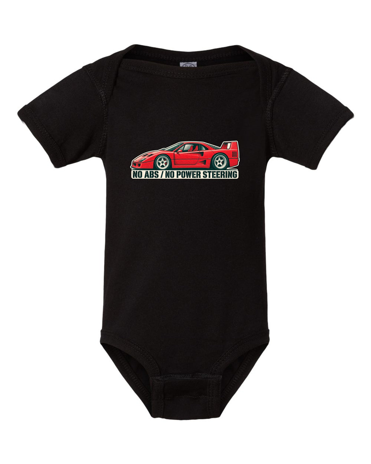 Two-colour halftone risograph print of a 1987 Ferrari F40 F120 with no ABS and no power steering text black baby onesie front view with the design