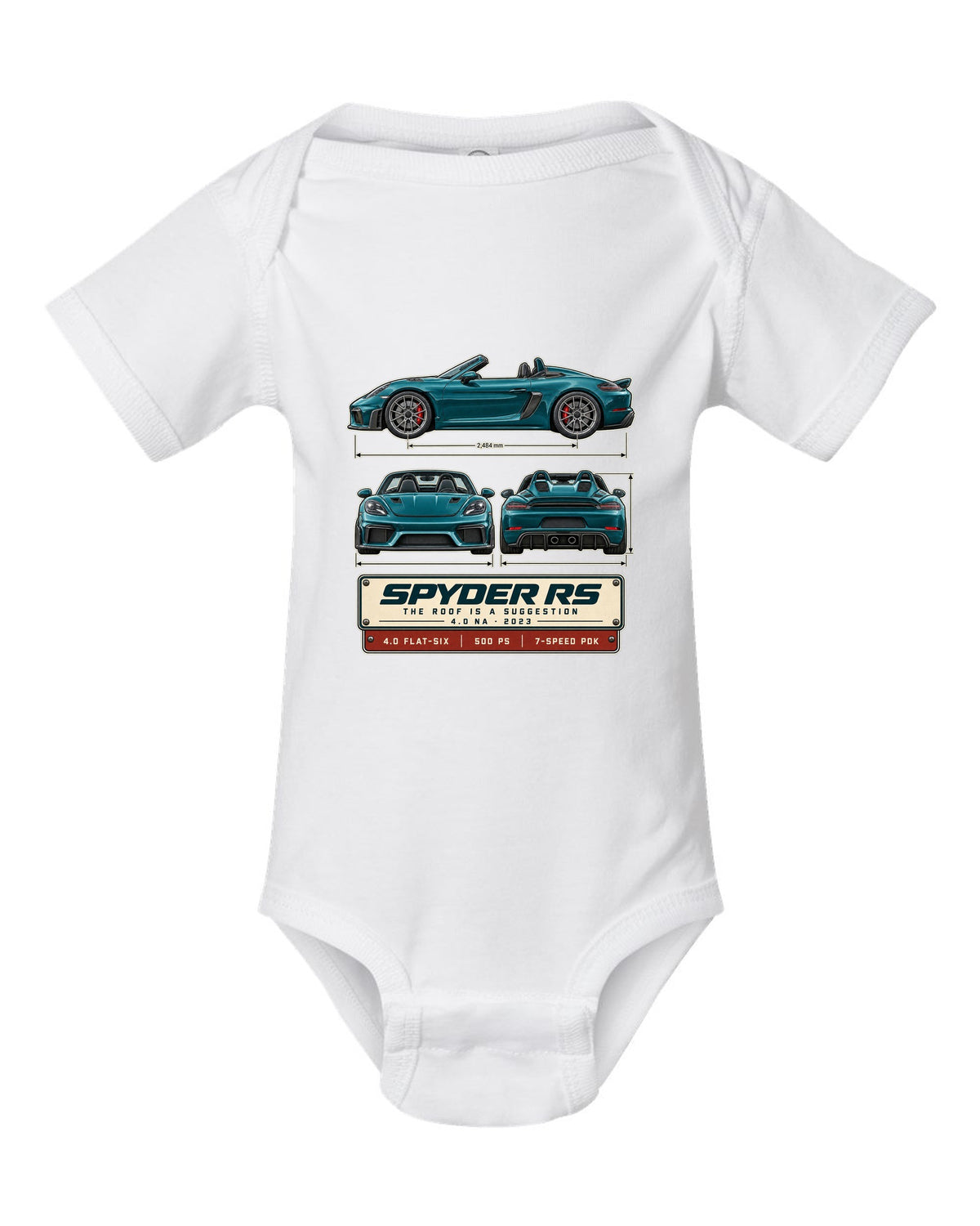 Three-view spec print of a Porsche 718 Spyder RS 982 white baby onesie front view with the design