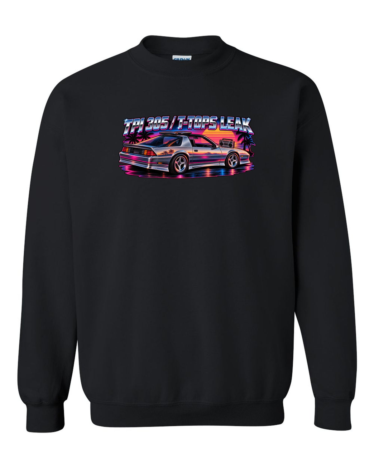 80s airbrush art with chrome type and lightning bolts of a 1985 Chevrolet Camaro IROC-Z black crewneck front view with the design