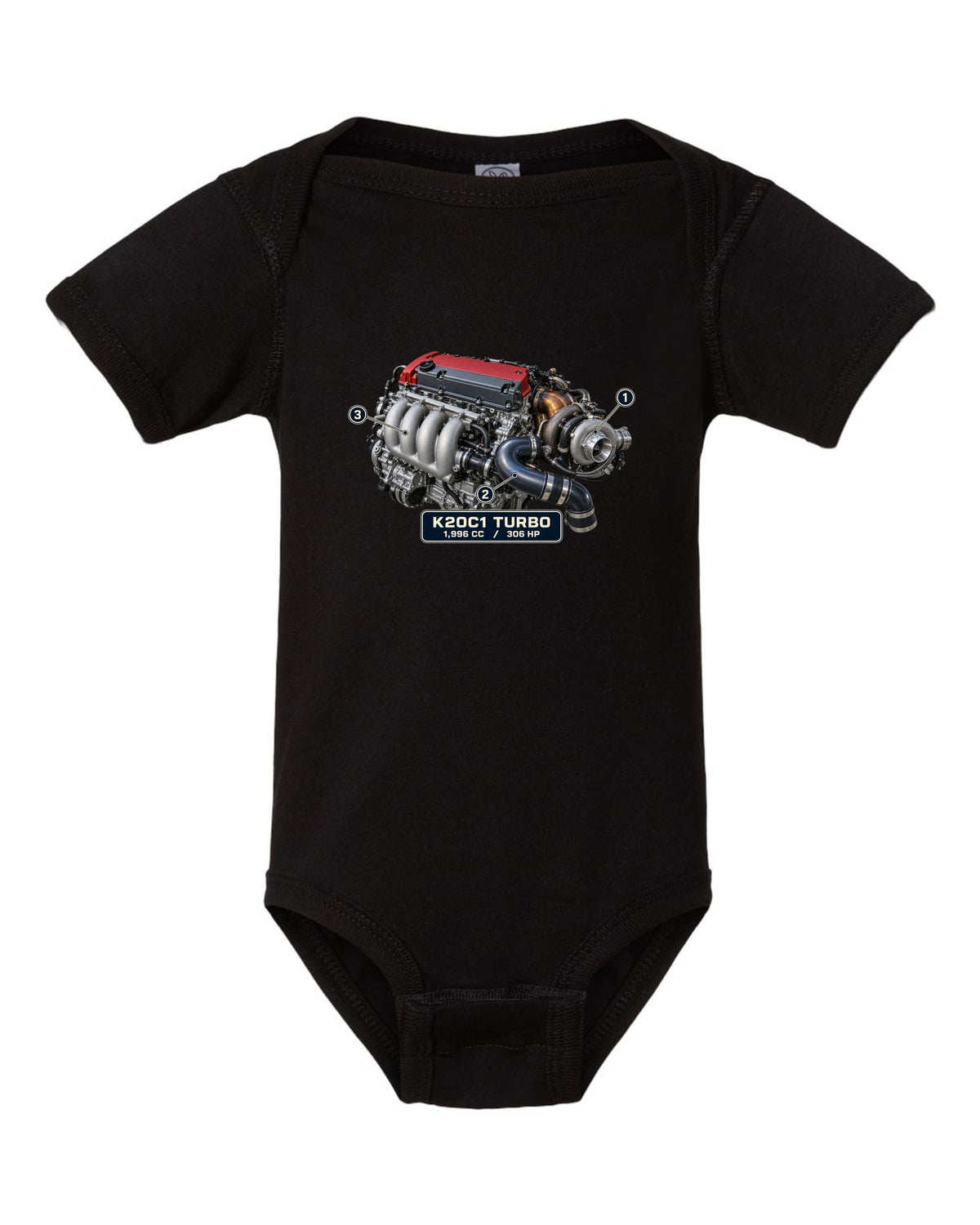print engine illustration of the Honda Civic Type R FK8 K20C1 turbo engine black baby onesie front view with the design