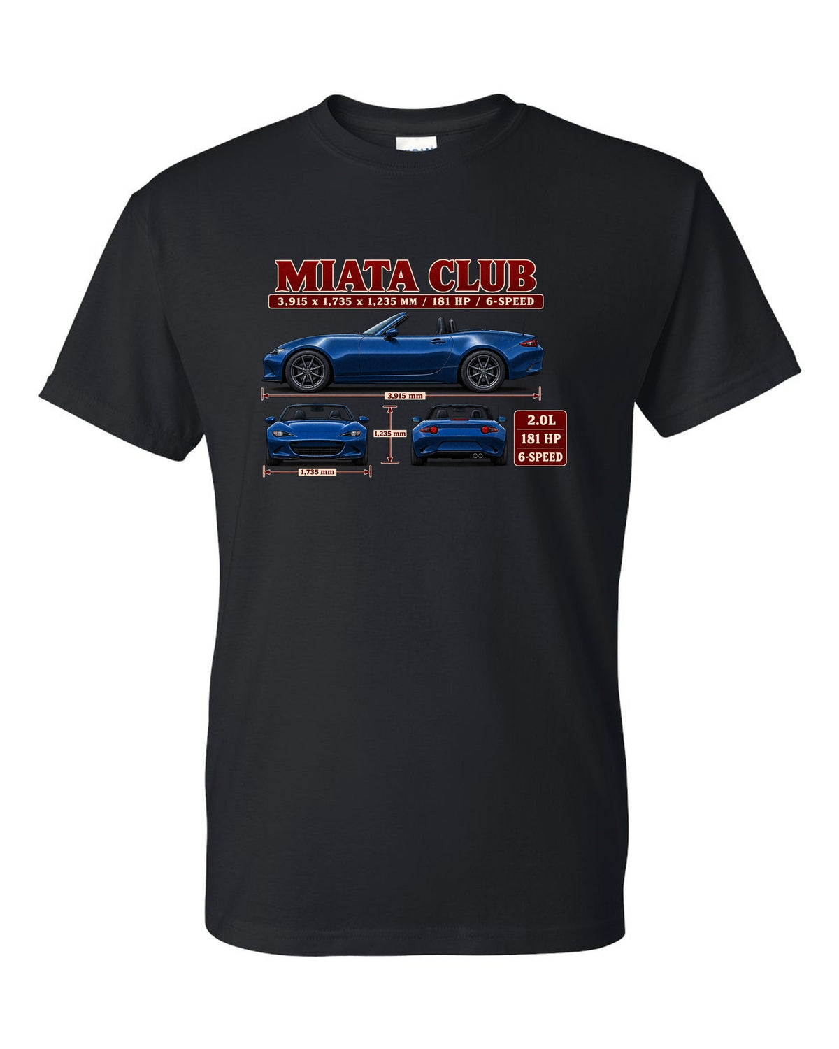 Three-view drawing and spec table of a 2019 Mazda MX-5 ND Club in Eternal Blue black t-shirt front view with the design