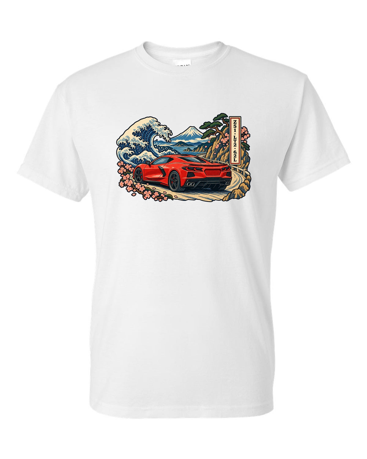 Ukiyo-e woodblock style print of a 2020 C8 Corvette Stingray on a mountain pass white t-shirt front view with the design