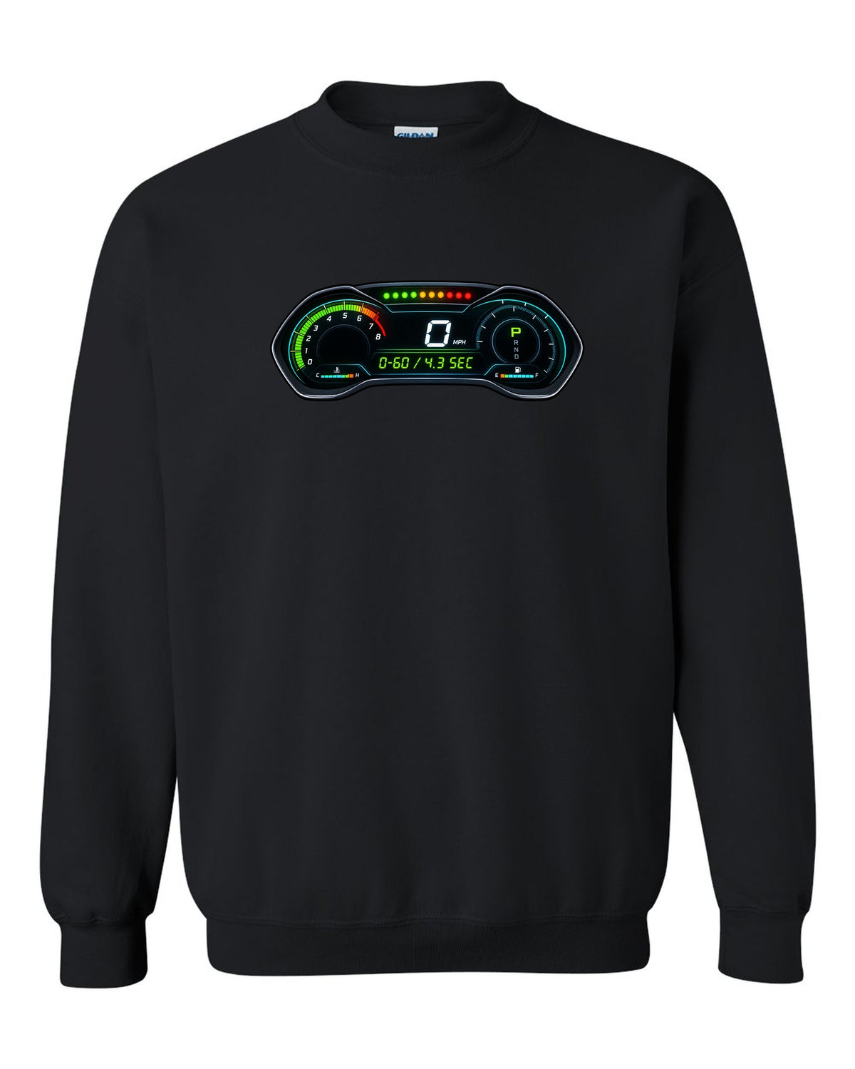 Retro manga halftone panel print of an S550 Mustang fastback doing a line lock burnout black crewneck front view with the design