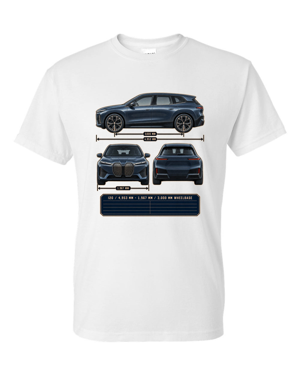 Three-view drawing and spec table print of the BMW iX M60 I20 white t-shirt front view with the design
