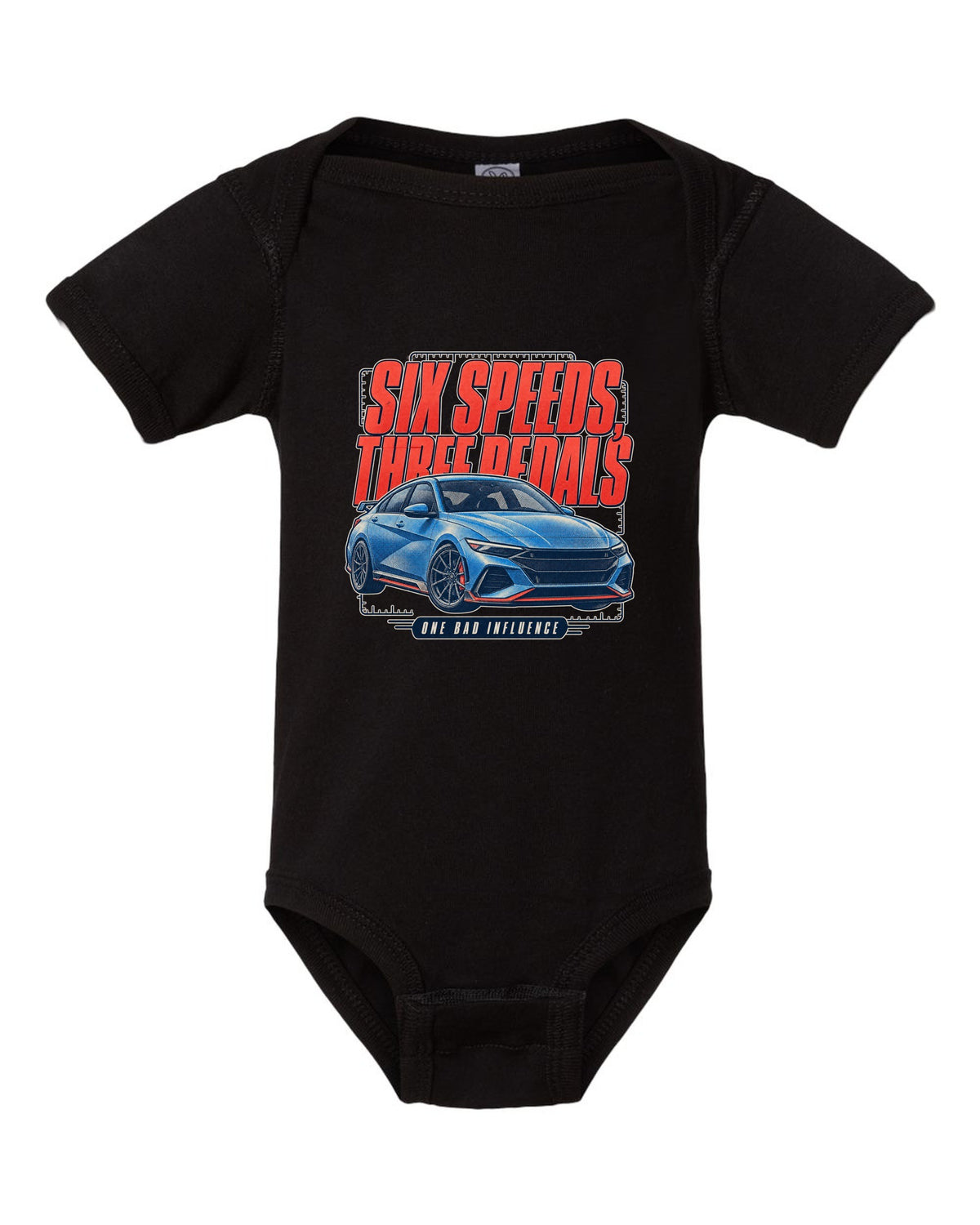 Hyundai Elantra N 2024 halftone statement print black baby onesie front view with the design
