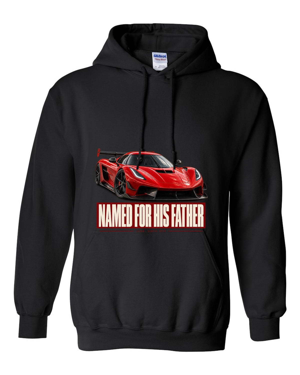 Editorial headline poster of a Koenigsegg Jesko Attack front three-quarter, print black pull over hoodie front view with the design