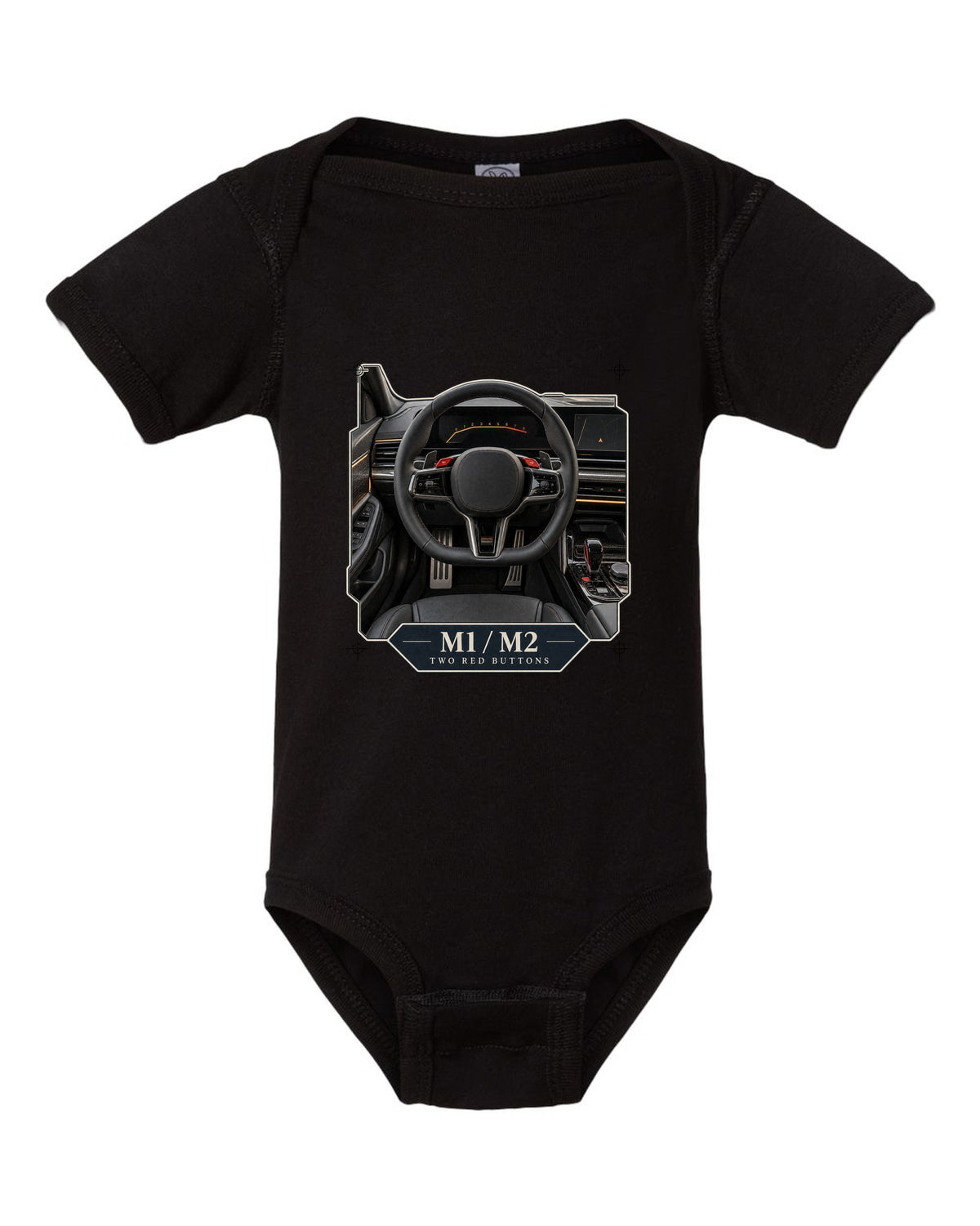BMW M5 G90 cockpit and gauge cluster print on a tee black baby onesie front view with the design
