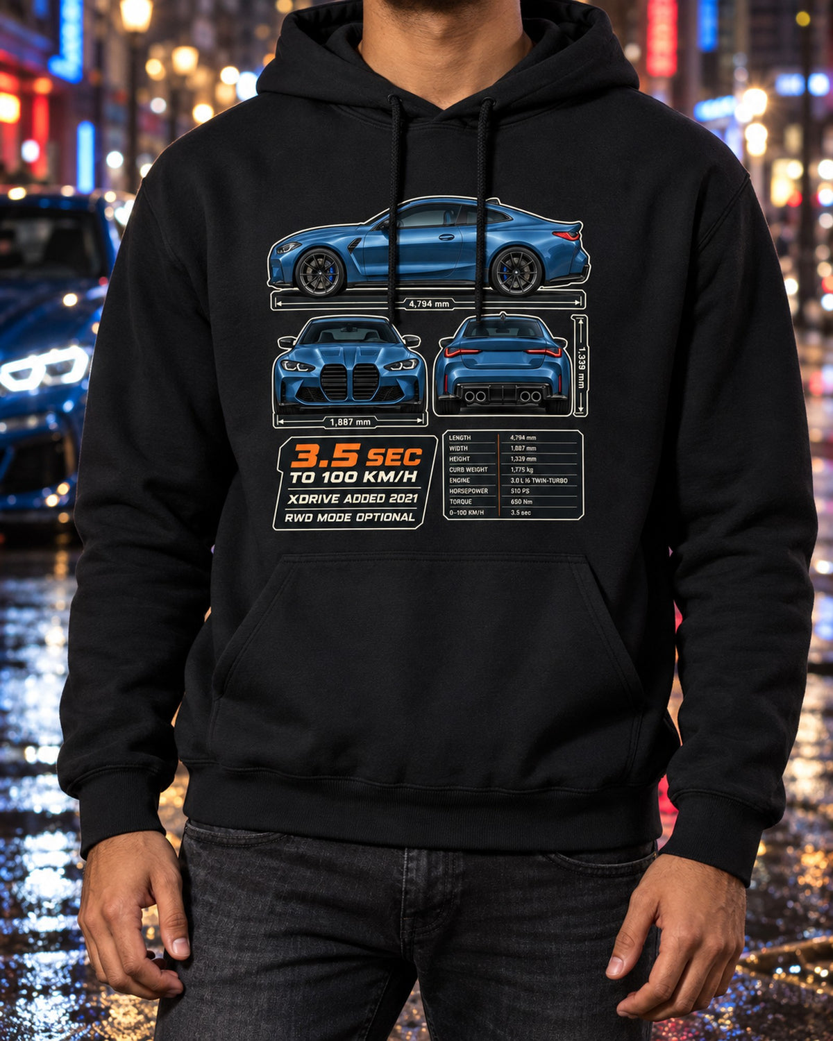 M4 Competition xDrive G82 Three-View Spec Tee, BMW Car Shirt Pull Over Hoodie Black worn hero
