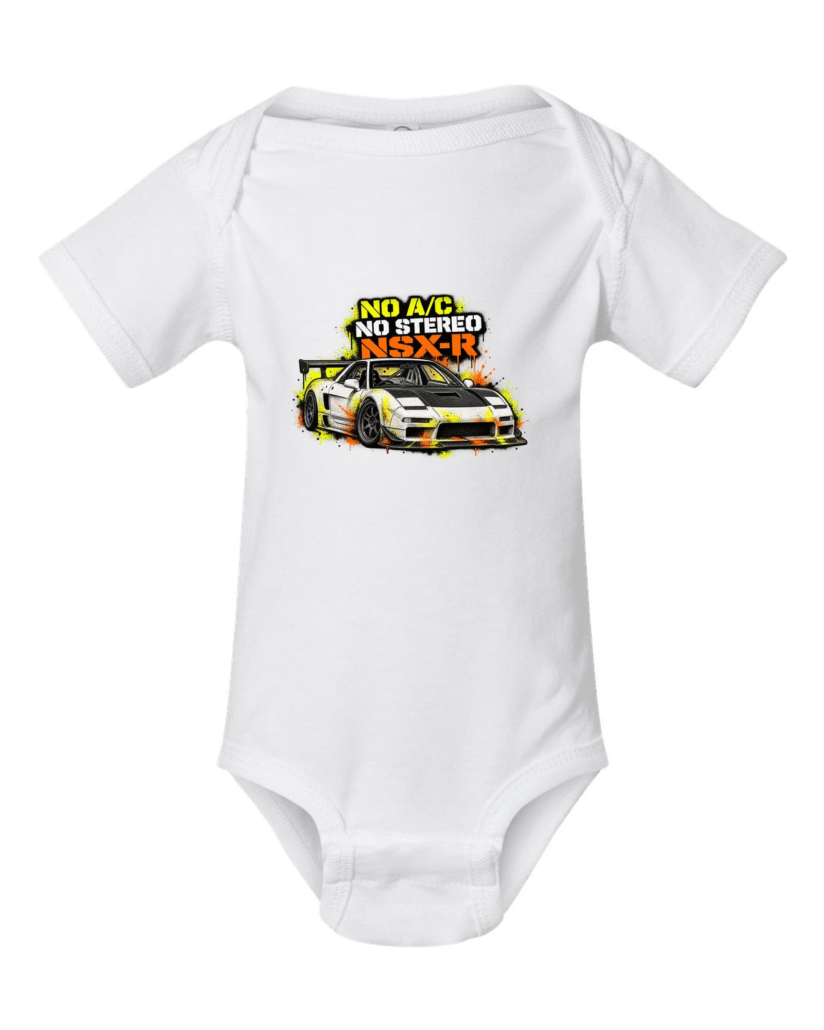 Risograph spot-colour print of a 1988 Honda CRX EF8 with B16A 950 KG Two Seats Only lettering white baby onesie front view with the design