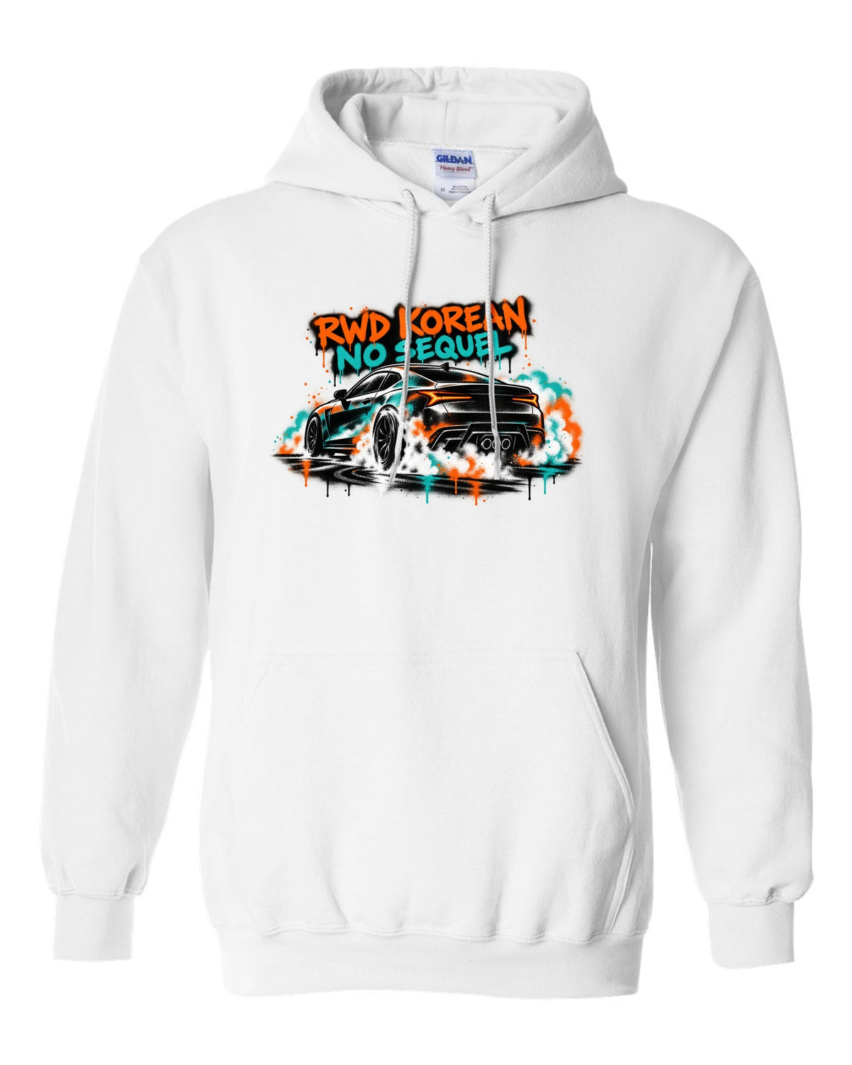 Hyundai Genesis Coupe BK2 stencil spray burnout print with RWD Korean no sequel text white pull over hoodie front view with the design