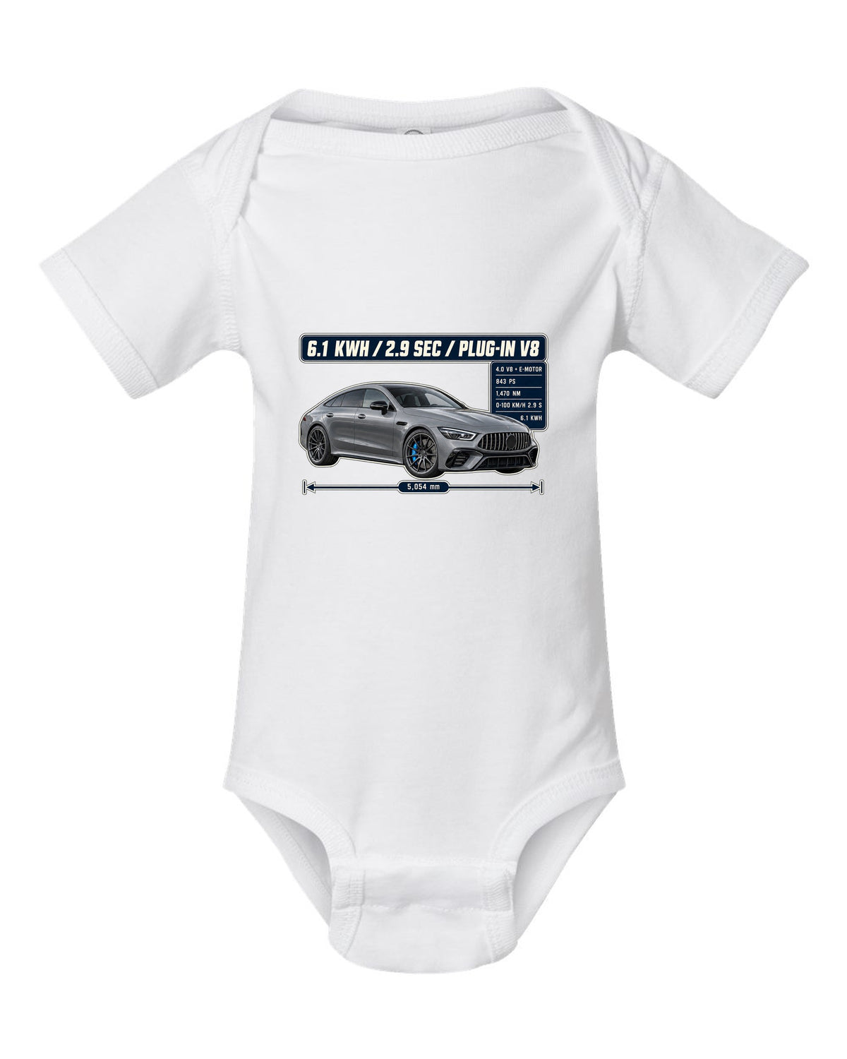 Mercedes-AMG GT 63 S E Performance spec poster design with electric-blue accent white baby onesie front view with the design