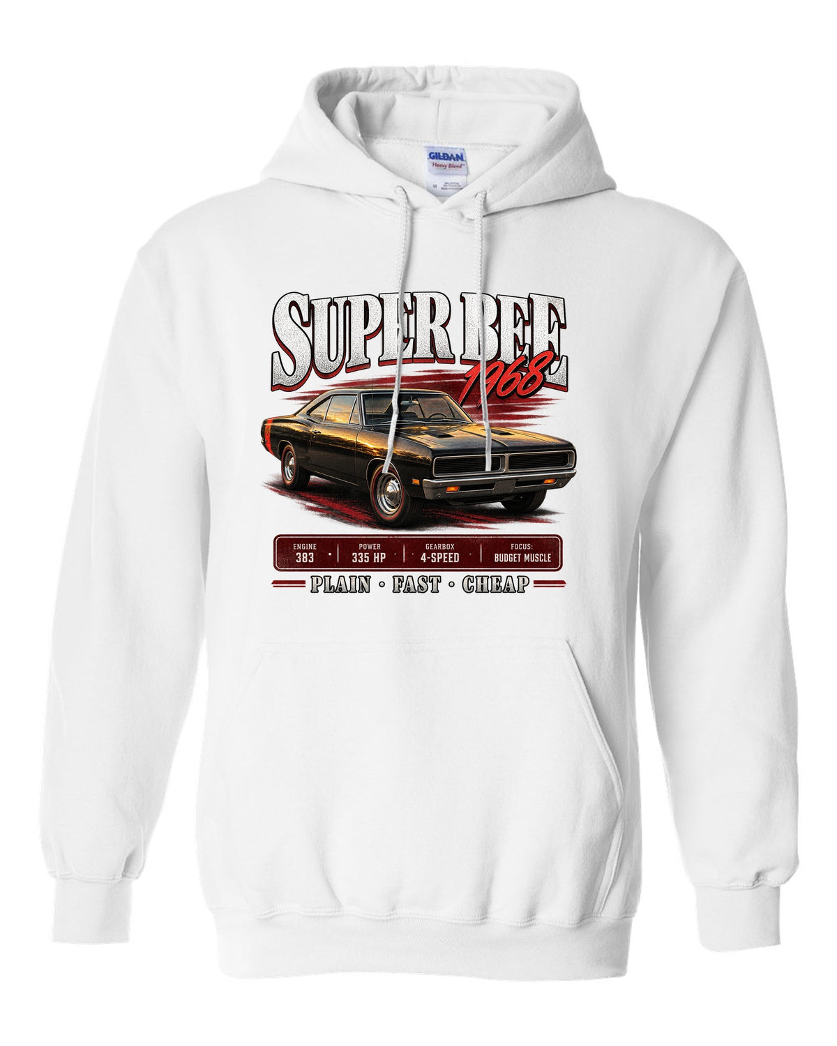 1968 Dodge Coronet Super Bee B-body coupe archive panel print white pull over hoodie front view with the design