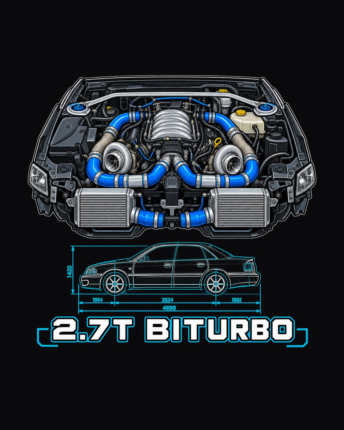 Audi S4 B5 2.7T Biturbo Technical Blueprint Car Shirt design only