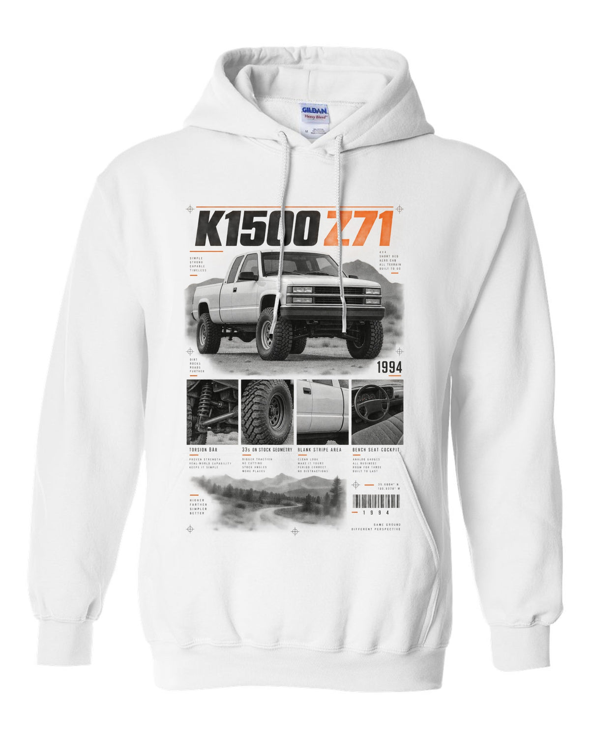 GMT400 K1500 Z71 OBS dossier panel print white pull over hoodie front view with the design