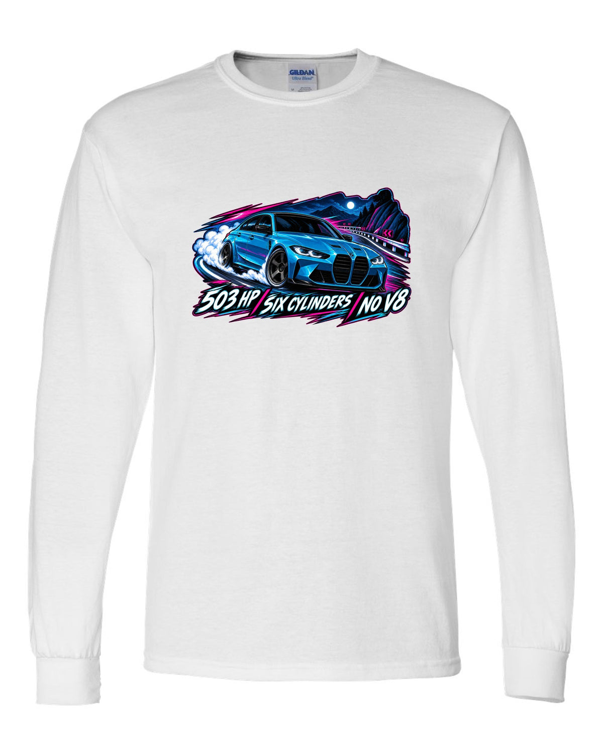 BMW G80 M3 Competition cel-shaded anime night touge print with 503 HP text white long sleeve front view with the design