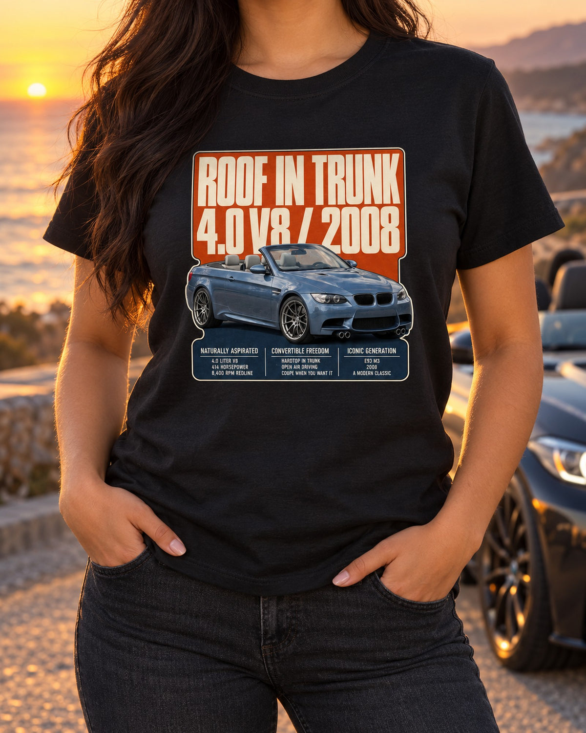 BMW M3 E93 Convertible Hardtop Editorial Tee T-Shirt Black worn hero
