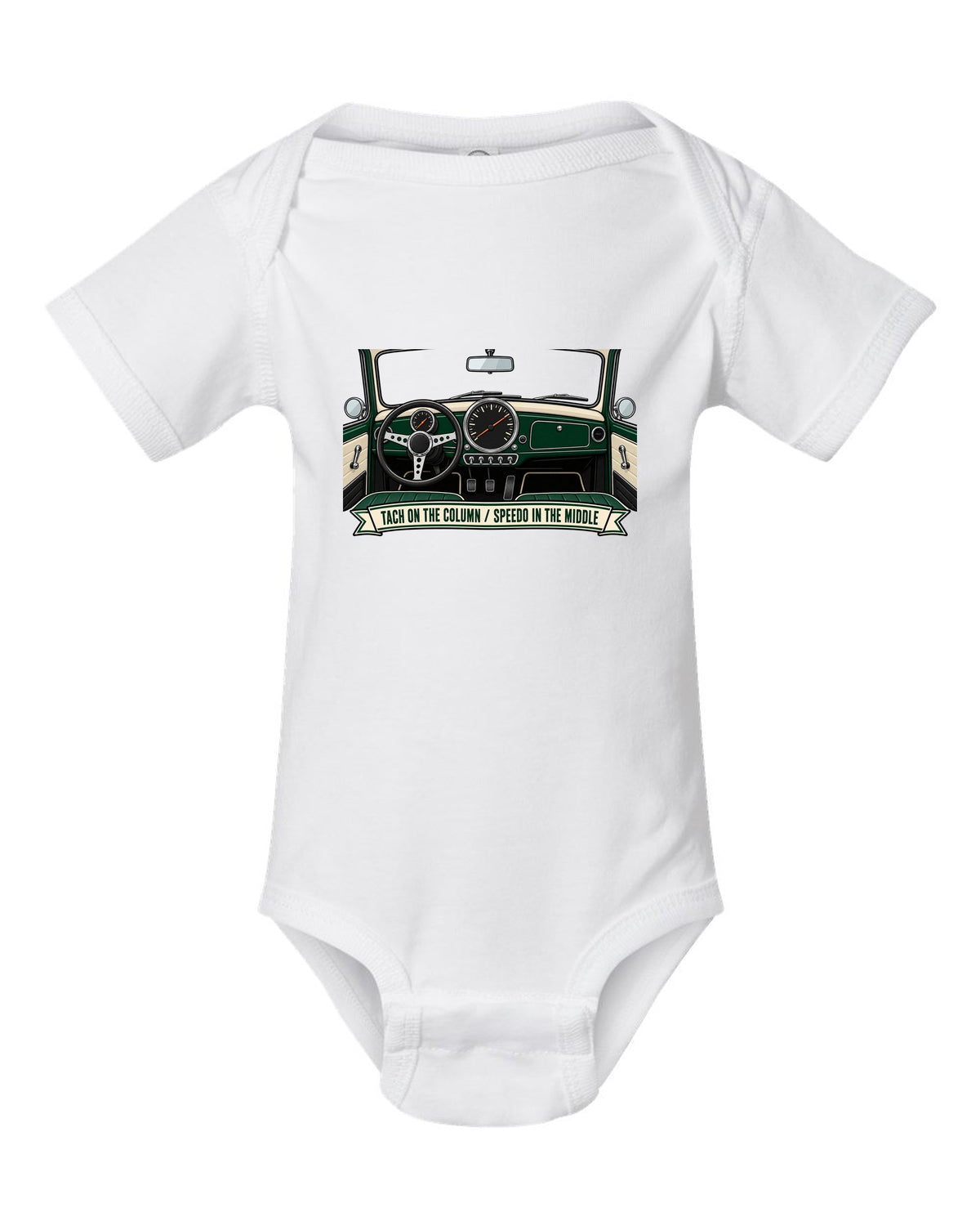 Line art of the Mini Cooper S R53 gauge cluster with column tach and central speedometer white baby onesie front view with the design