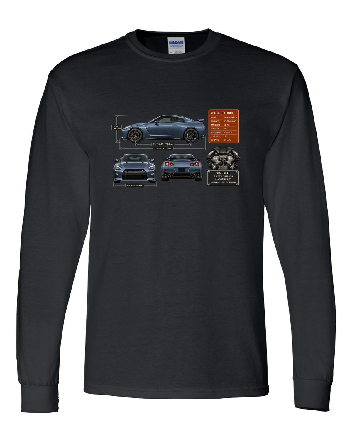 print dimension blueprint of a Nissan GT-R R35 in steel blue black long sleeve front view with the design