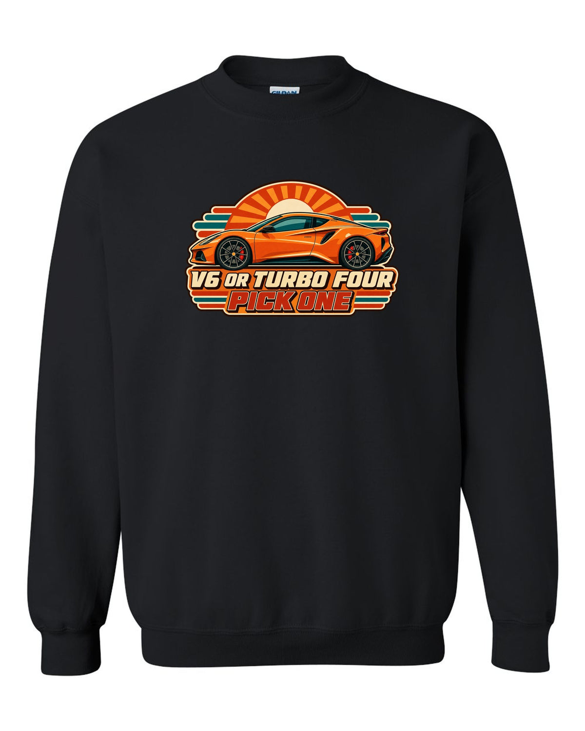Lotus Emira in retro Japanese showa ad style with V6 OR TURBO FOUR PICK ONE lettering black crewneck front view with the design