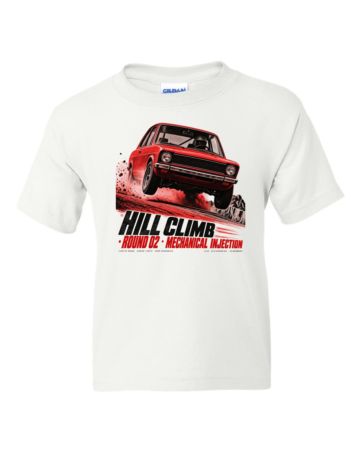 BMW 2002 tii hill climb race poster print with mechanical injection text white kids tee front view with the design