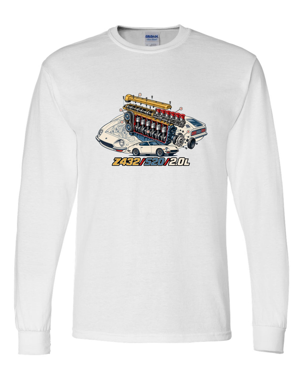 Exploded cutaway engine print for the Z432 with S20 2.0L lettering white long sleeve front view with the design