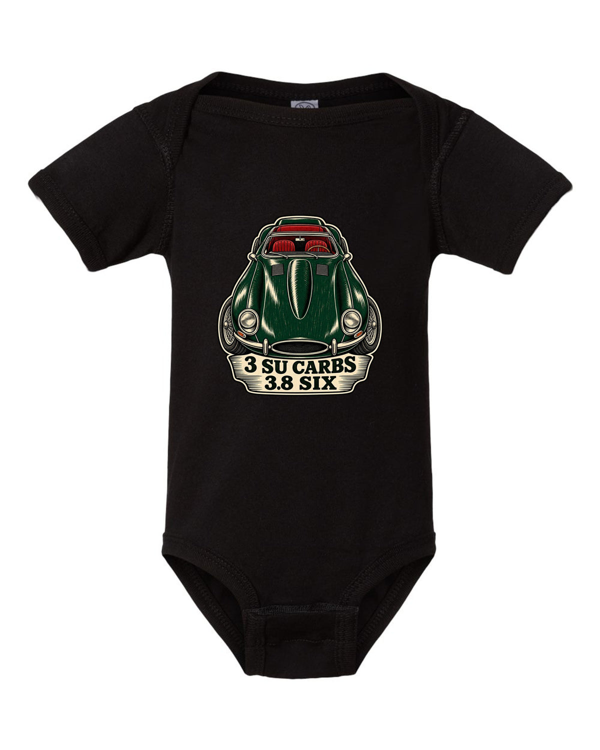 Jaguar E-Type Series 1 long bonnet woodcut with 3 SU CARBS 3.8 SIX lettering black baby onesie front view with the design