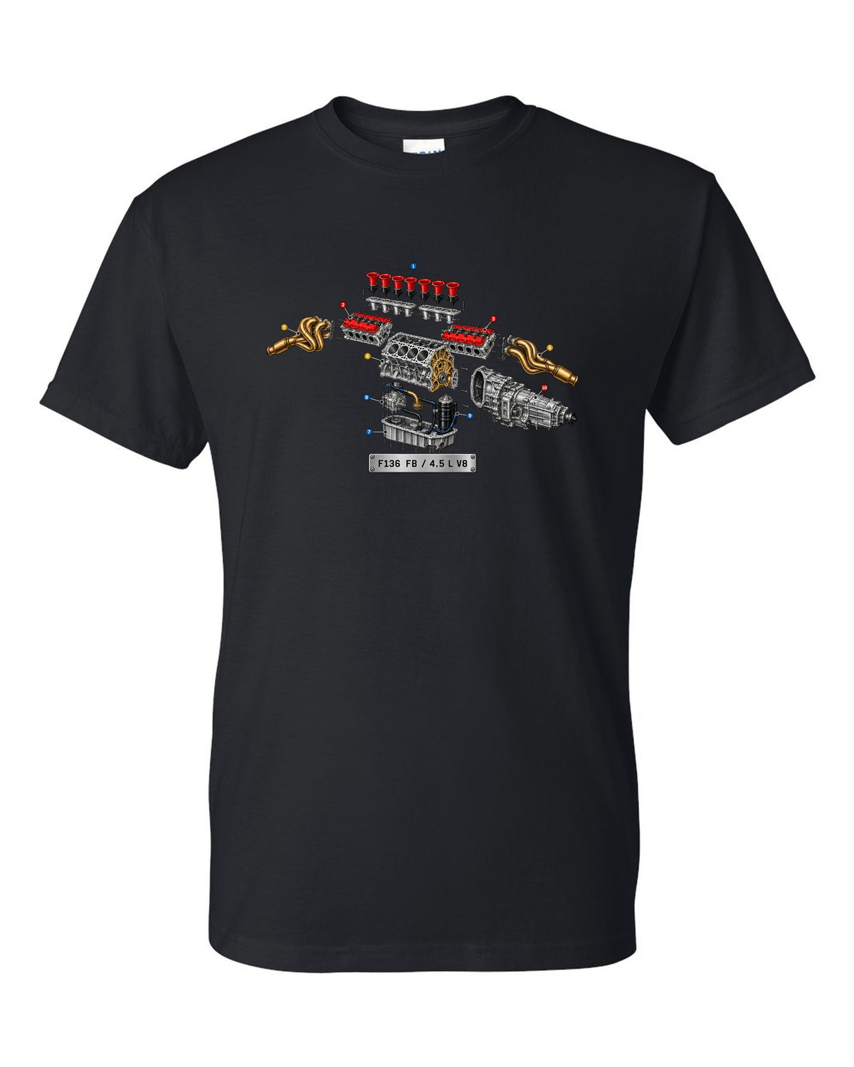 Exploded view of the Ferrari 458 Italia F136 FB V8 with numbered callouts black t-shirt front view with the design