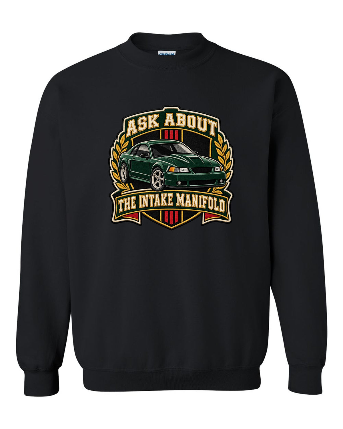 Varsity crest of a Ford Mustang New Edge coupe with intake manifold text black crewneck front view with the design