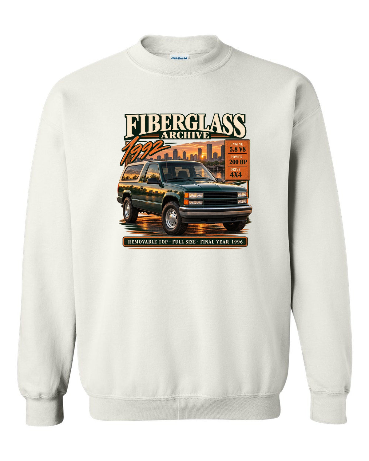 Ford Bronco OBS 1992-96 fiberglass archive panel print with 5.8 V8 and final year 1996 white crewneck front view with the design