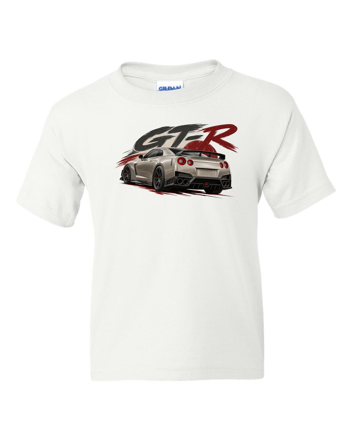 Nissan GT-R R35 VR38DETT engine drawn as a poster-style hero white kids tee front view with the design