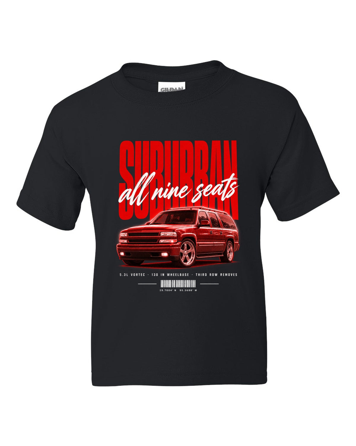 2000-06 Chevy Suburban GMT800 street poster print black kids tee front view with the design