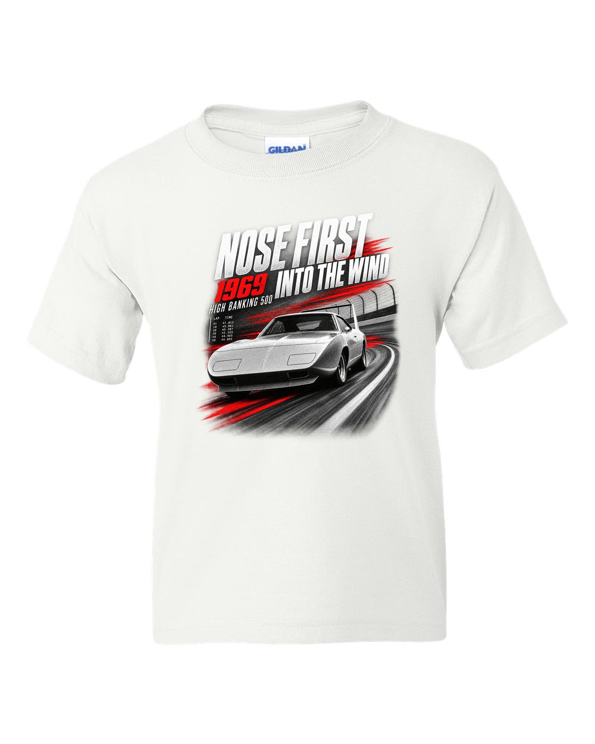 1969 Dodge Charger Daytona race poster print with nose first into the wind lettering white kids tee front view with the design