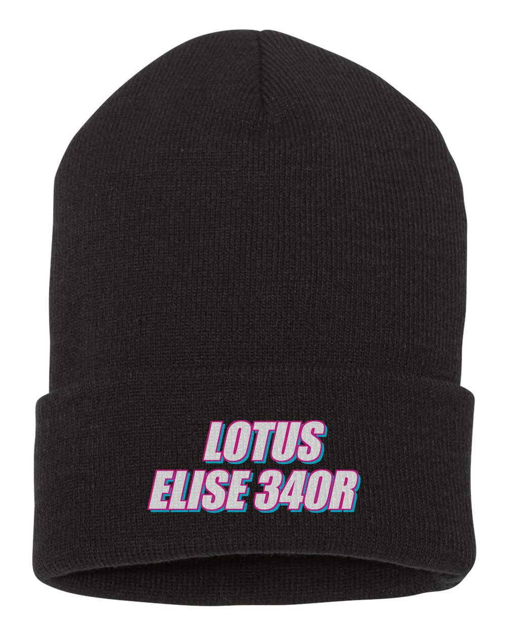 Lotus Elise 340R black beanie front view with car name