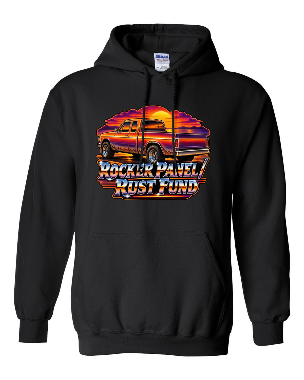 70s airbrush sunset print of a 1999-2006 Chevrolet Silverado GMT800 with Rocker Panel Rust Fund text black pull over hoodie front view with the design