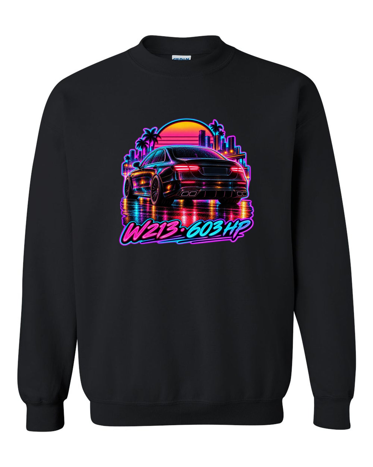 Synthwave wet road scene with a Mercedes E63 AMG W213 and 603 HP text black crewneck front view with the design