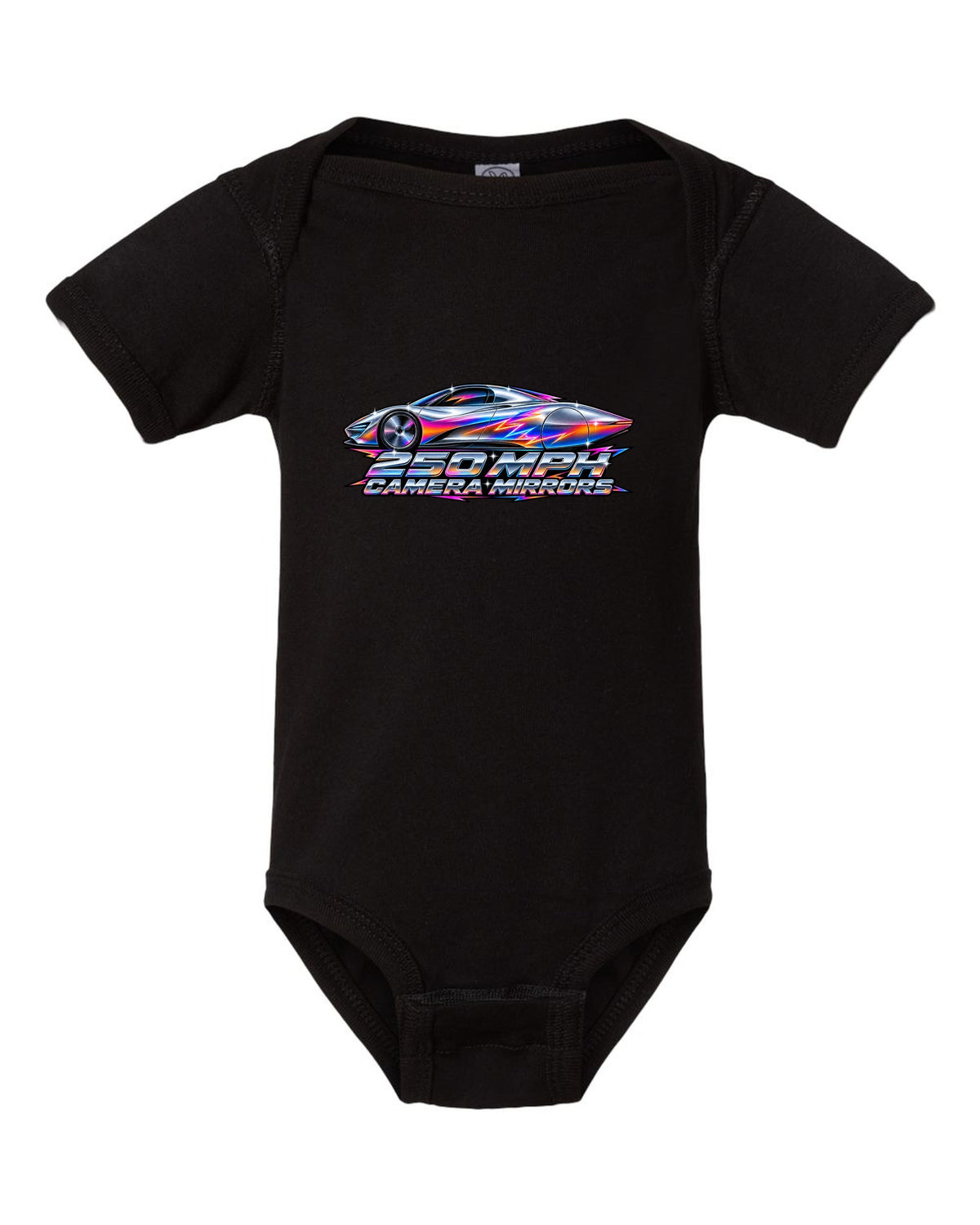 McLaren Speedtail in 80s airbrush chrome style with 250 MPH and camera mirrors lettering black baby onesie front view with the design