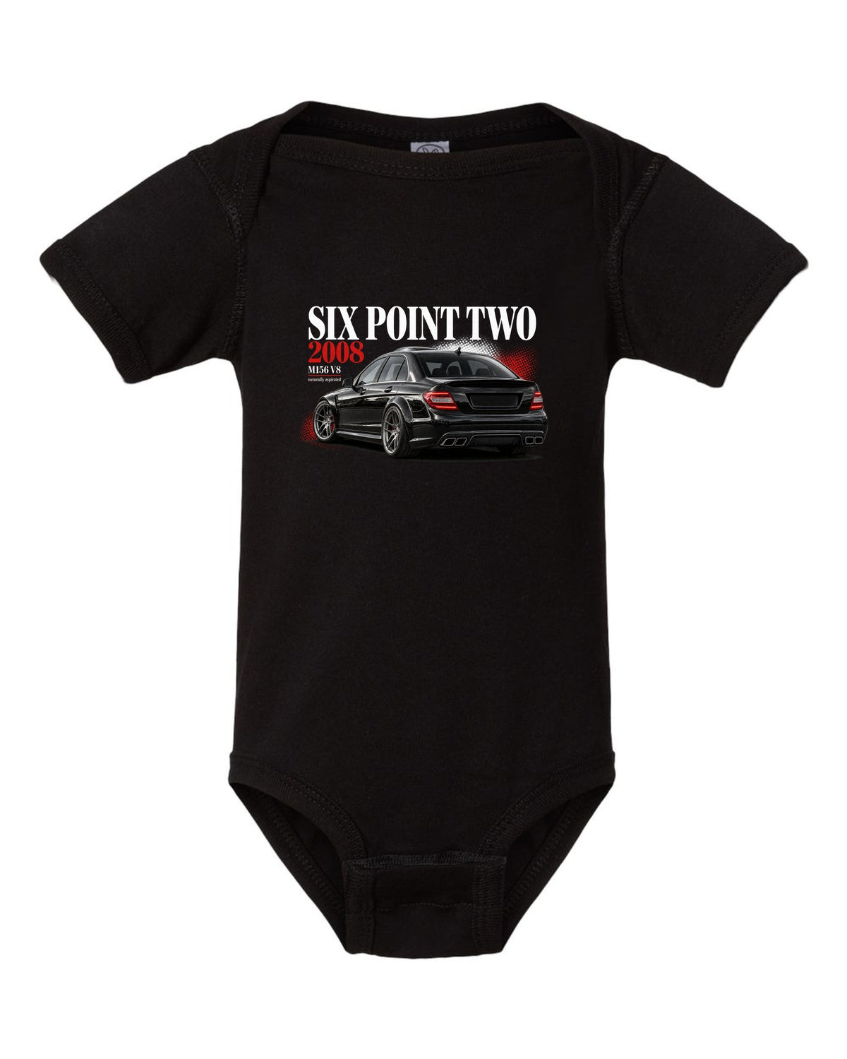 print editorial headline of a 2008 Mercedes C63 AMG W204 sedan with text Six Point Two 2008 black baby onesie front view with the design