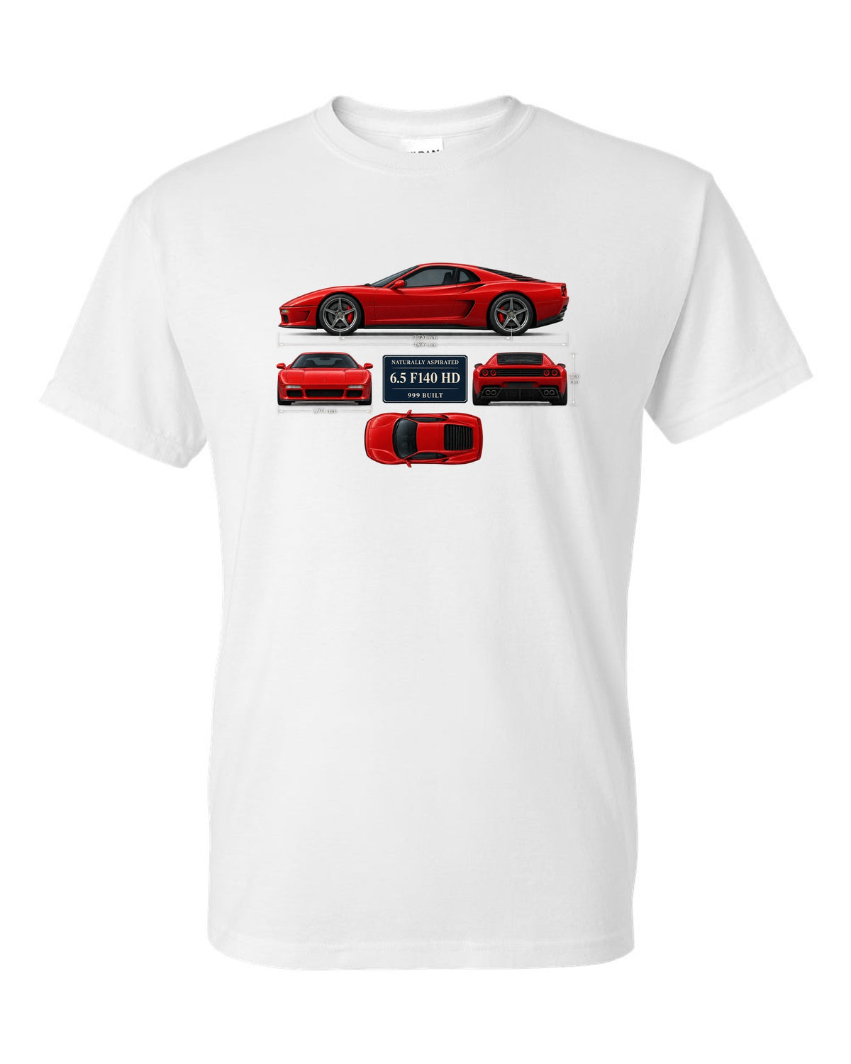 Ferrari 812 Competizione dimension blueprint print with 6.5 F140 HD, 999 built white t-shirt front view with the design