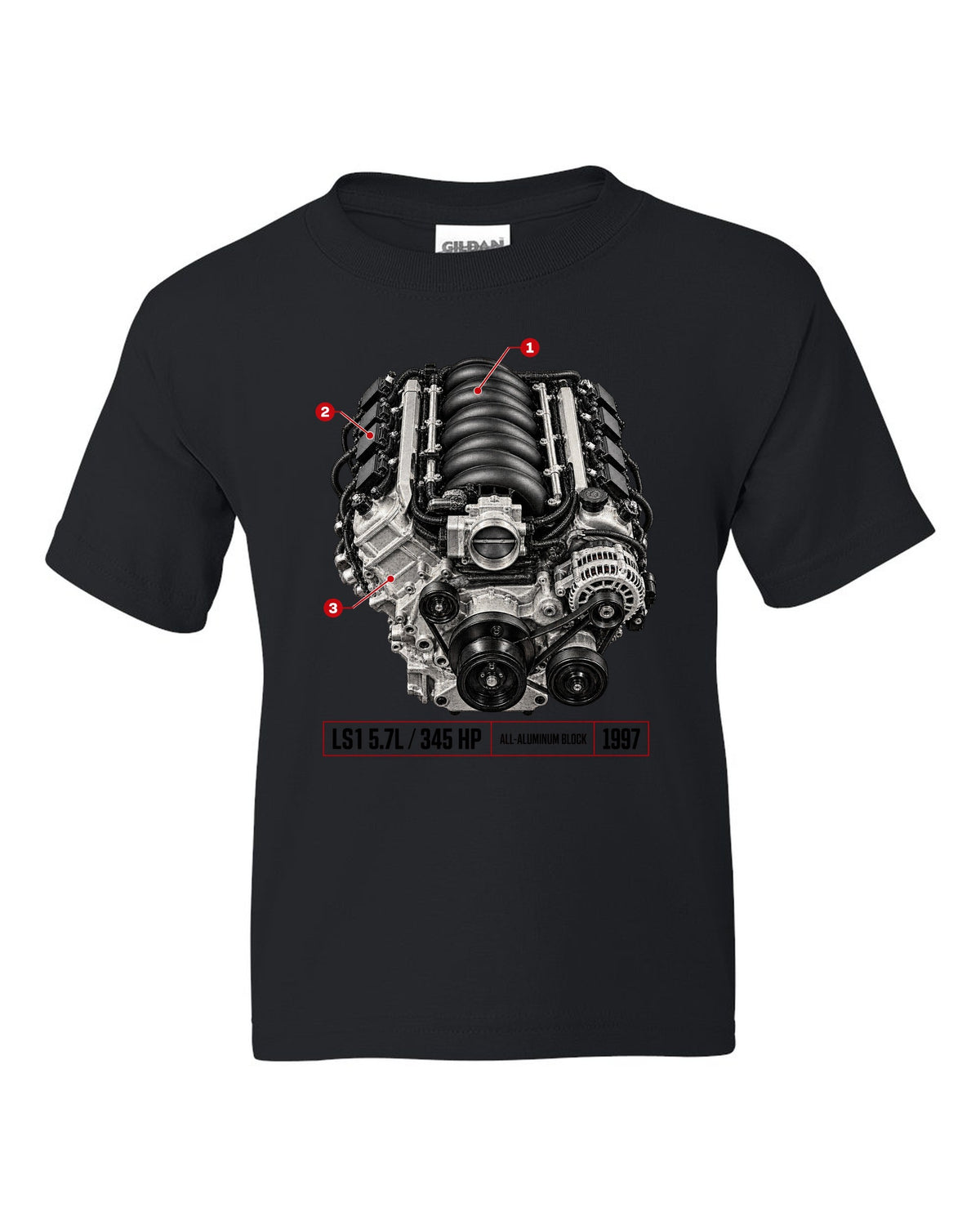 Corvette C5 coupe with LS1 5.7L engine poster print black kids tee front view with the design