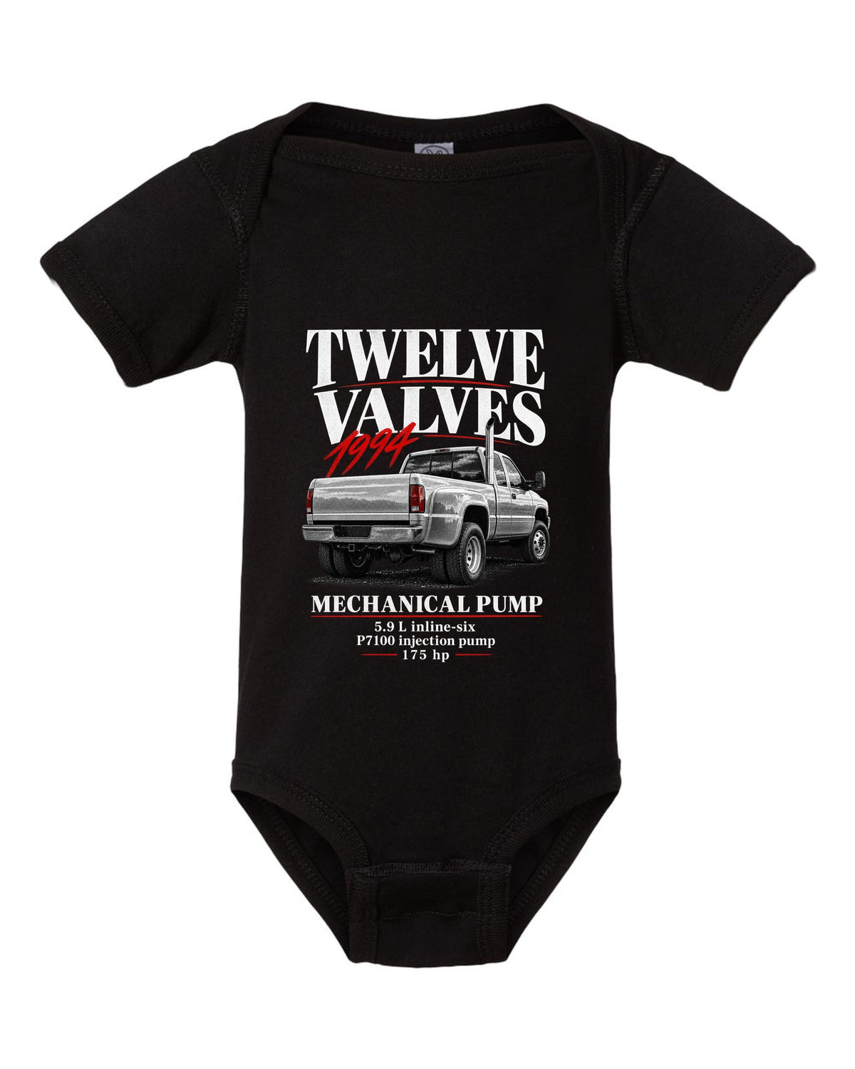 Editorial print of a 1994-98 Dodge Ram 2500 2nd gen 12-valve in a rear three-quarter view black baby onesie front view with the design